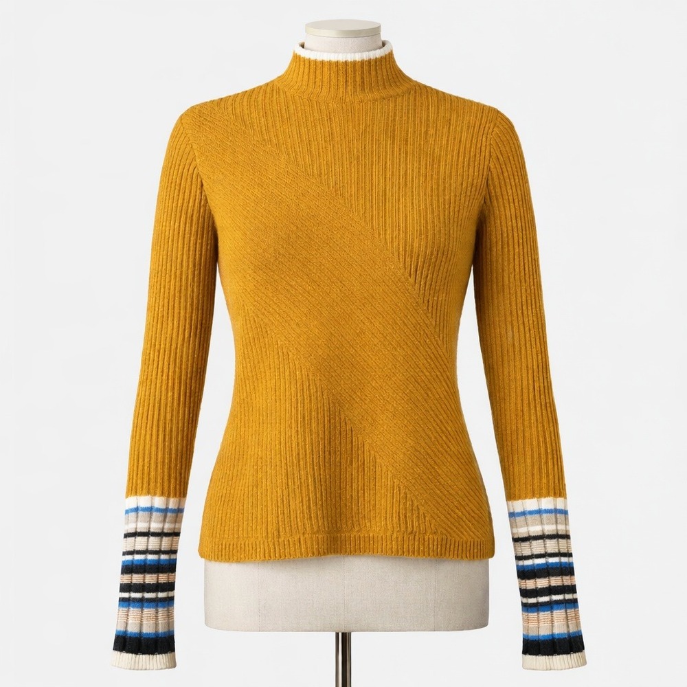 Ribbed 100% Wool Mock Neck Fitted Sweater‎ Size L Mustard Yellow Quiet Luxury